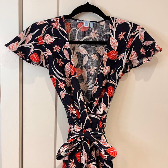 Draper James Black Floral 100% Linen Wrap Midi Dress Size 0 - Picture 3 of 10